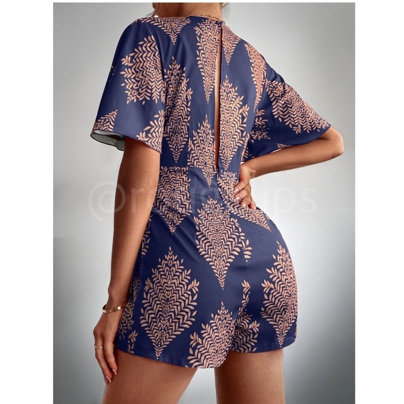 Navy Blue Purple Leaf Print Short Wrap Romper V-Neck Side Tie Butterfly Sleeve - Picture 2 of 6